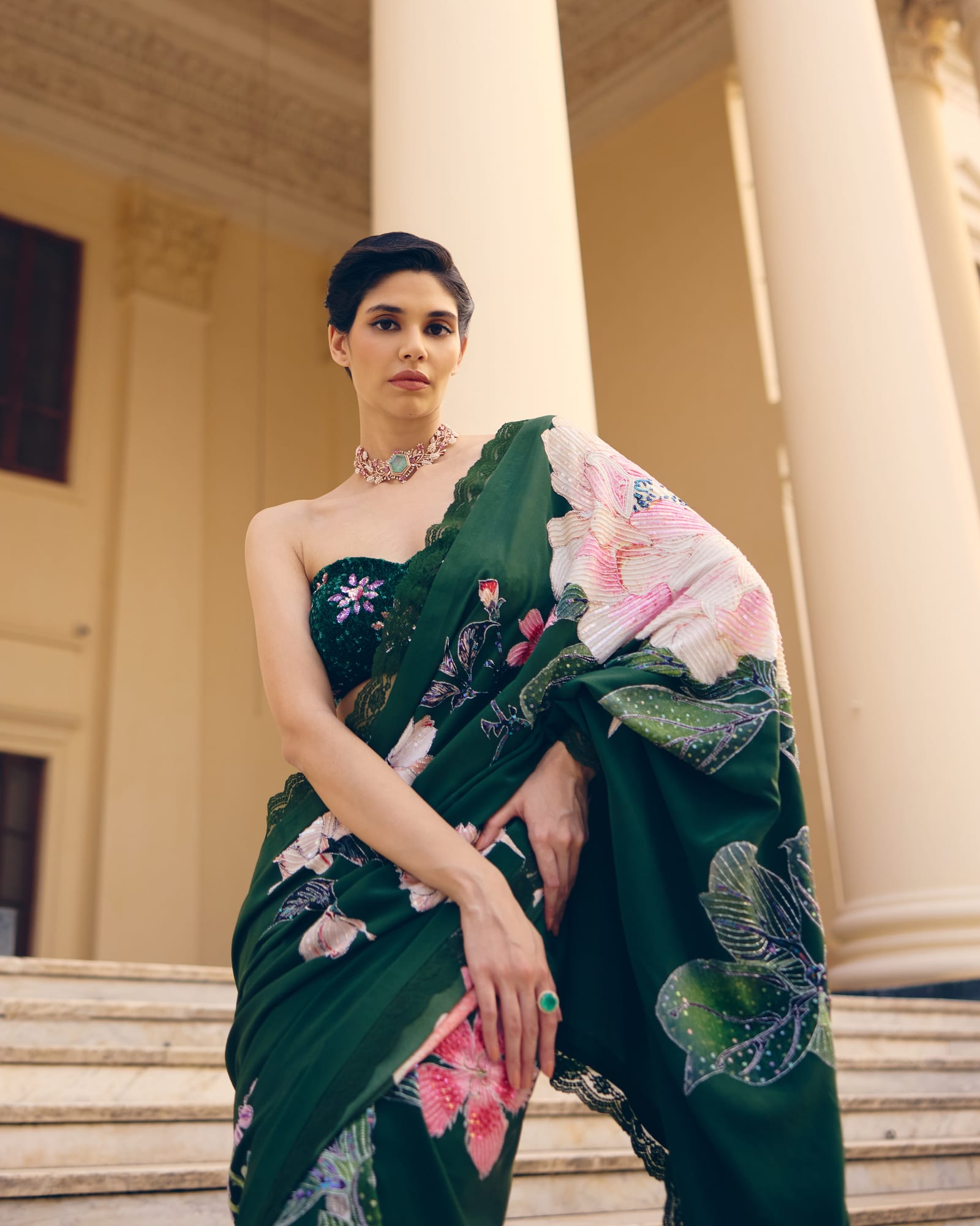 Emerald Bloom Saree Set — Aurelle collection — image 1